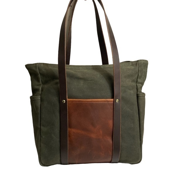 Coronado green coated canvas and brown leather tote bag made in USA - Picture 1 of 14